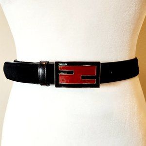 FENDI Classic Logo Suede Belt Silver, Red & Black